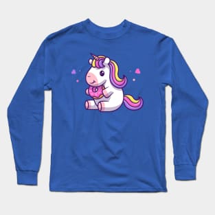 Cute Unicorn Holding Doughnut Cartoon Long Sleeve T-Shirt